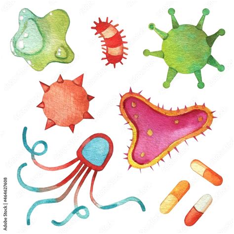 watercolor medical & science clip art of illustrations with isolated elements sich as viruses ...