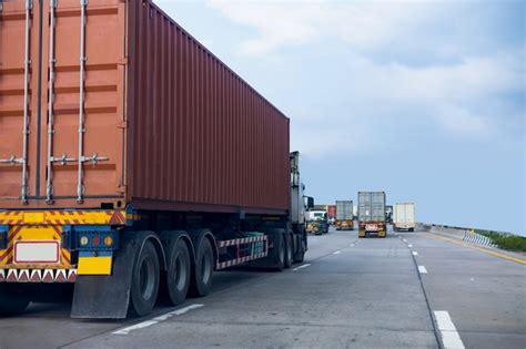 Truck On Highway Road With Red Container Transportation Concept