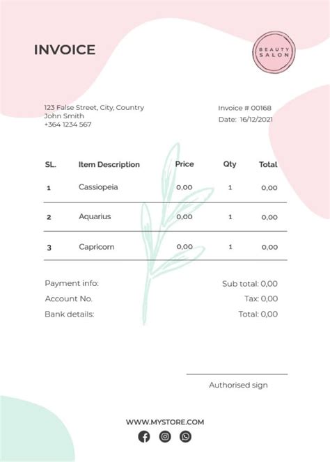 Free Abstract Pastel Beauty Salon Invoice Template