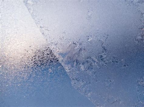 Blue Frost Background Closeup Frozen Winter Window Pane Coated Shiny Icy Frost Patterns