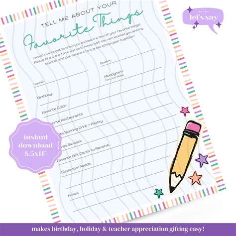 Printable Teacher Questionnaire Form Tell Me About Teacher Survey