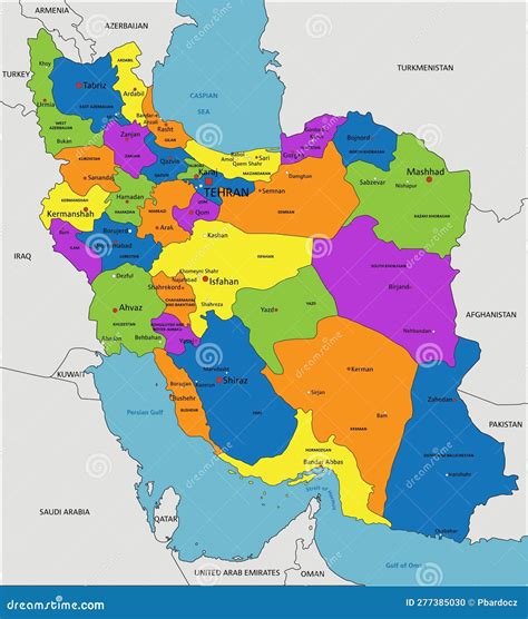 colorful iran political map   labeled separated layers