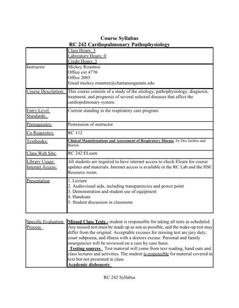 Course Syllabus Rc 242 Cardiopulmonary Pathophysiology