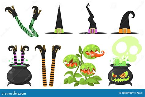 Collection Of Cartoon Witch Legs In Striped Stockings And Cauldron Venus Flytrap Hats Elements