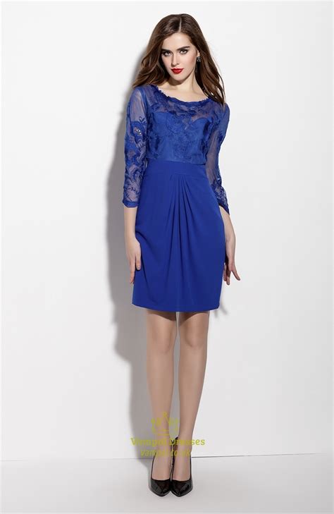 Royal Blue Lace Illusion Neckline Cocktail Dress With 34 Sleeve Vampal Dresses