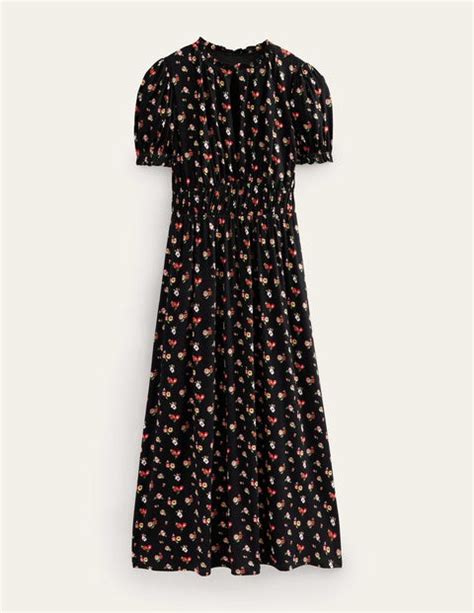 Rosanna Jersey Midi Tea Dress Black Dainty Sprig Boden UK