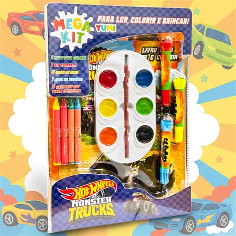 Mega Kit Presente Hot Wheels Livro Infantil De Colorir Canetinhas Carimbos Giz Jogo