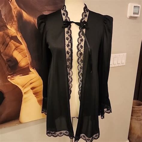 Petra Fashions Intimates Sleepwear Vintage Petra Bed Jacket Black M Lace Trim Lingerie