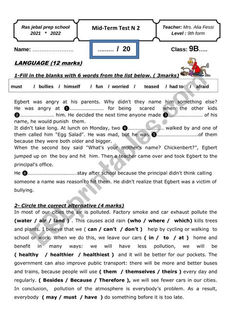 Second Mid Term Test For Th Form Esl Worksheet By Alia Souai