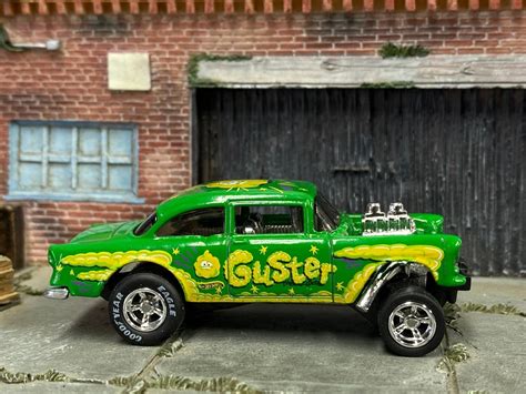 Custom Hot Wheels 1955 Chevy Gasser Green And Yellow Guster Chrome AMR Wheels Goodyear