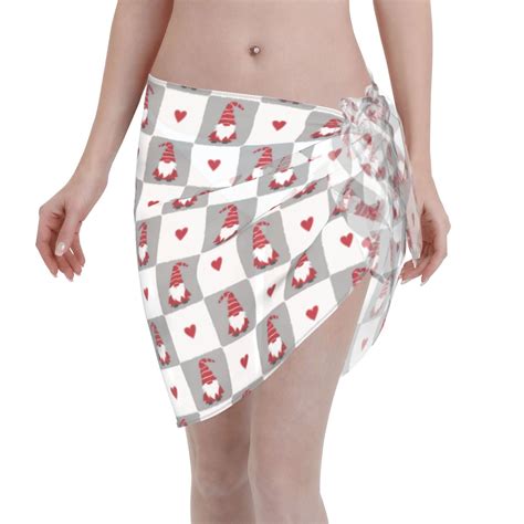 Adobk Women Beach Sarong Bathing Suit Gnomes And Hearts Print Wrap Skirt Sheer Bikini Swimsuit