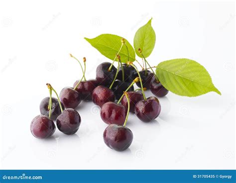 Cherries With Leaf On White Stock Image Image Of Photograph Color