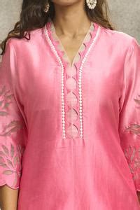 Buy Pink Silk Chanderi Embroidered Floral Cutwork V Neck Kurta And