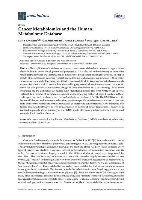 (PDF) Cancer Metabolomics and the Human Metabolome Database