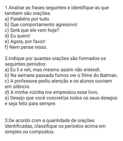 Exercício sobre frase oração e período brainly br