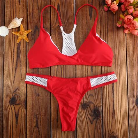 2017 New Red Nude Sheer Mesh Splicing Bikini Swimsuit Swimwear Women