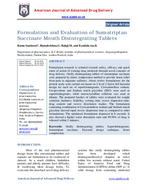 Pdf Formulation And Evaluation Of Sumatriptan Succinate Mouth Disintegrating Tablets