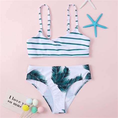 Urmagic Teen Girls Swimsuits Two Piece Swimsuit V Neck Bikini Swimsuit Tropical Print