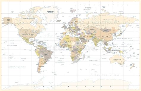 Political Physical Topographic Colored World Map Pacific Centered Stock Illustration