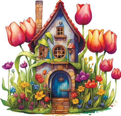 Watercolor Drawing Cute House In Spring Flowers Tulips And Daffodils