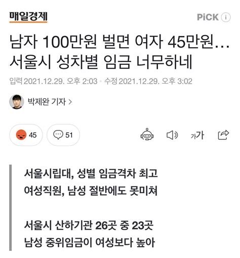 남자 100만원 벌면 여자 45만원서울시 성차별 임금 너무하네 유머움짤이슈 에펨코리아