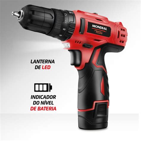 Furadeira E Parafusadeira Maleta Mondial Bivolt 12V Vermelho