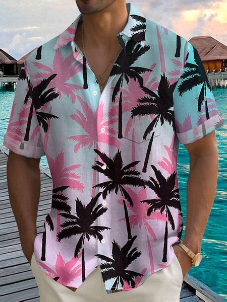 Hawaiian Coconut Tree Print Short Sleeve Mens Shirts With Pocket