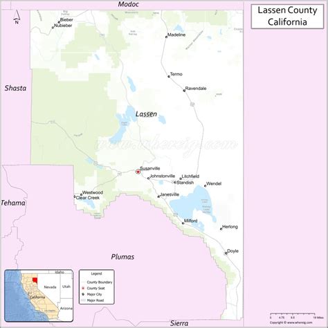 Map of Lassen County, California showing cities, highways & important ...