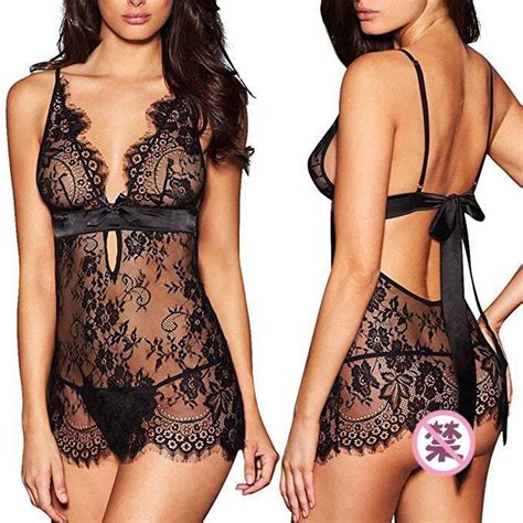 Femme Lingerie Sexy Dentelle Nuisette Femmes Babydoll Hot Sensuelle Col V De Nuit Noir Noir
