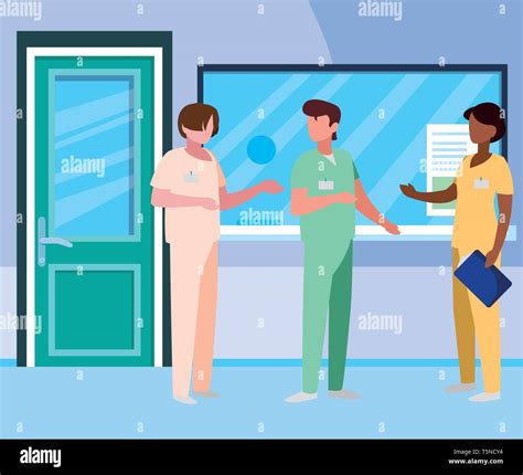 Interracial Group Medicine Workers In Hospital Reception Vector Illustration Design Stock Vector