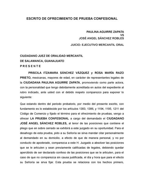 Escrito DE Ofrecimiento DE Prueba Confesional ESCRITO DE OFRECIMIENTO