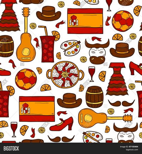 Seamless Background With Cartoon Drawn Objects On Spain Theme Flag