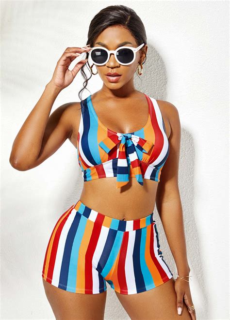 Bowknot Rainbow Stripe High Waisted Bikini Set Rosewe Usd