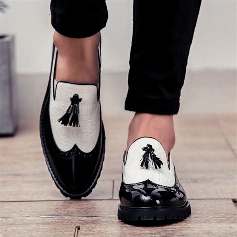 White Black Tassels Cleated Sole Mens Loafers Flats Dress