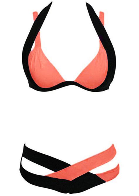 Splicing Color Block Criss Cross Halter Sexy Bikini Set Fairyseason