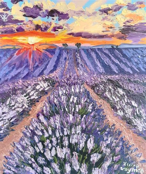 Lavender Field At Sunset Oil Texture Painting On Hardboard Painting by ...