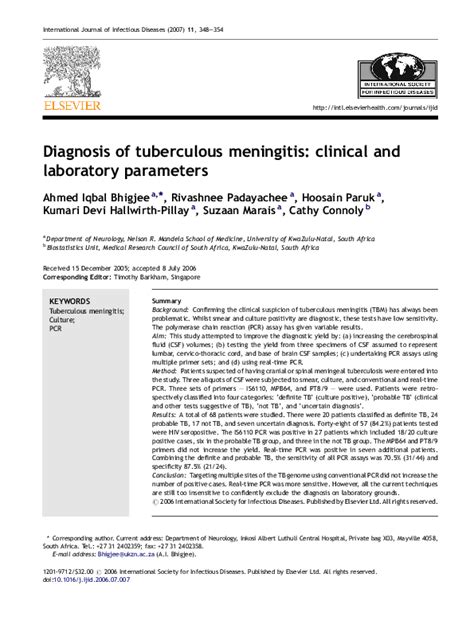 (PDF) Diagnosis of tuberculous meningitis: clinical and laboratory ...