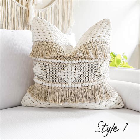 boho decorative pillow cover, cream and white, for 20X20, 22X22 insert ...