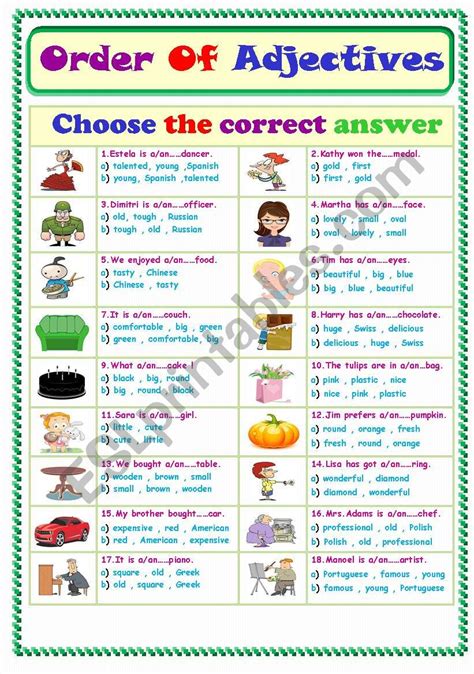 Order Of Adjectives Worksheet For Grade 1