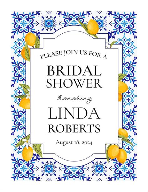 Blue Tiles And Lemons Bridal Shower Invitation 47583784 Vector Art At