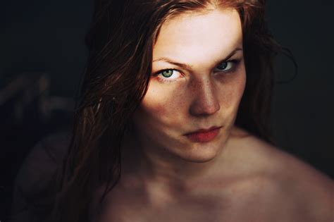 Women Brunette Freckles Face Looking At Viewer Blue Eyes Bare Shoulders