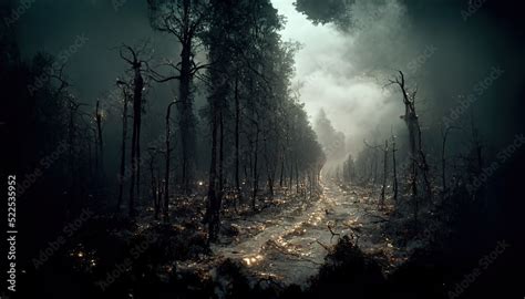 Dark Creepy Forest With Fog Fantastic Night Landscape Ominous