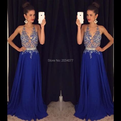 Azul Royal Prom Dress Pedras Glitter Chiffon Partido Rendas Vestido