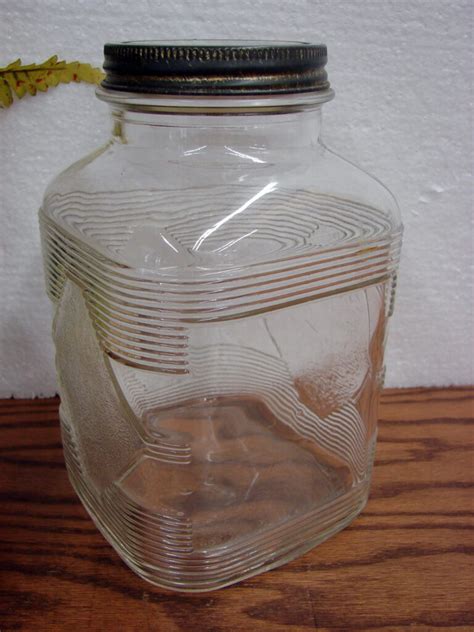 Vintage Hazel Atlas Glass Embossed Hoosier Square Coffee Jar W Lid