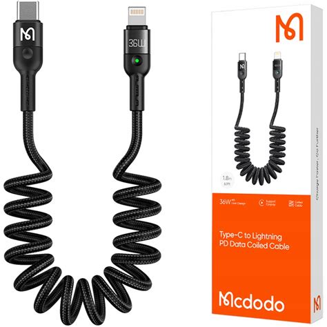 MCDODO KABEL USB C LIGHTNING SPIRALNY SPRĘŻYNOWY SZYBKI DO IPHONE LED