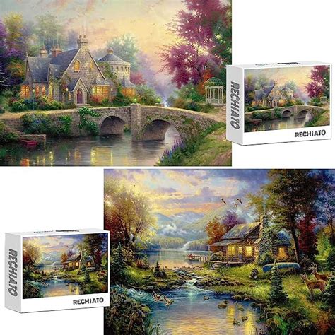 three different paintings of houses and water