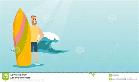 Young Caucasian Surfer Holding A Surfboard Stock Vector Illustration