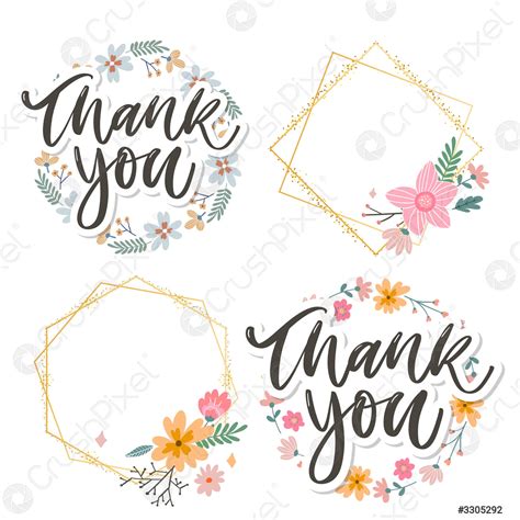 Cute Thank You Script Card Flowers Letter Text Stock Vector 3305292