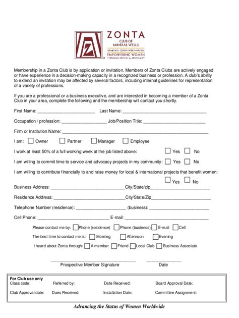 Fillable Online Membership Application Form Zonta International Fax