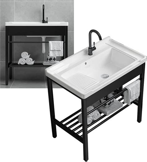 Freestanding Laundry Utility Sink,Ceramic Wash Basin with Washboard Set ...